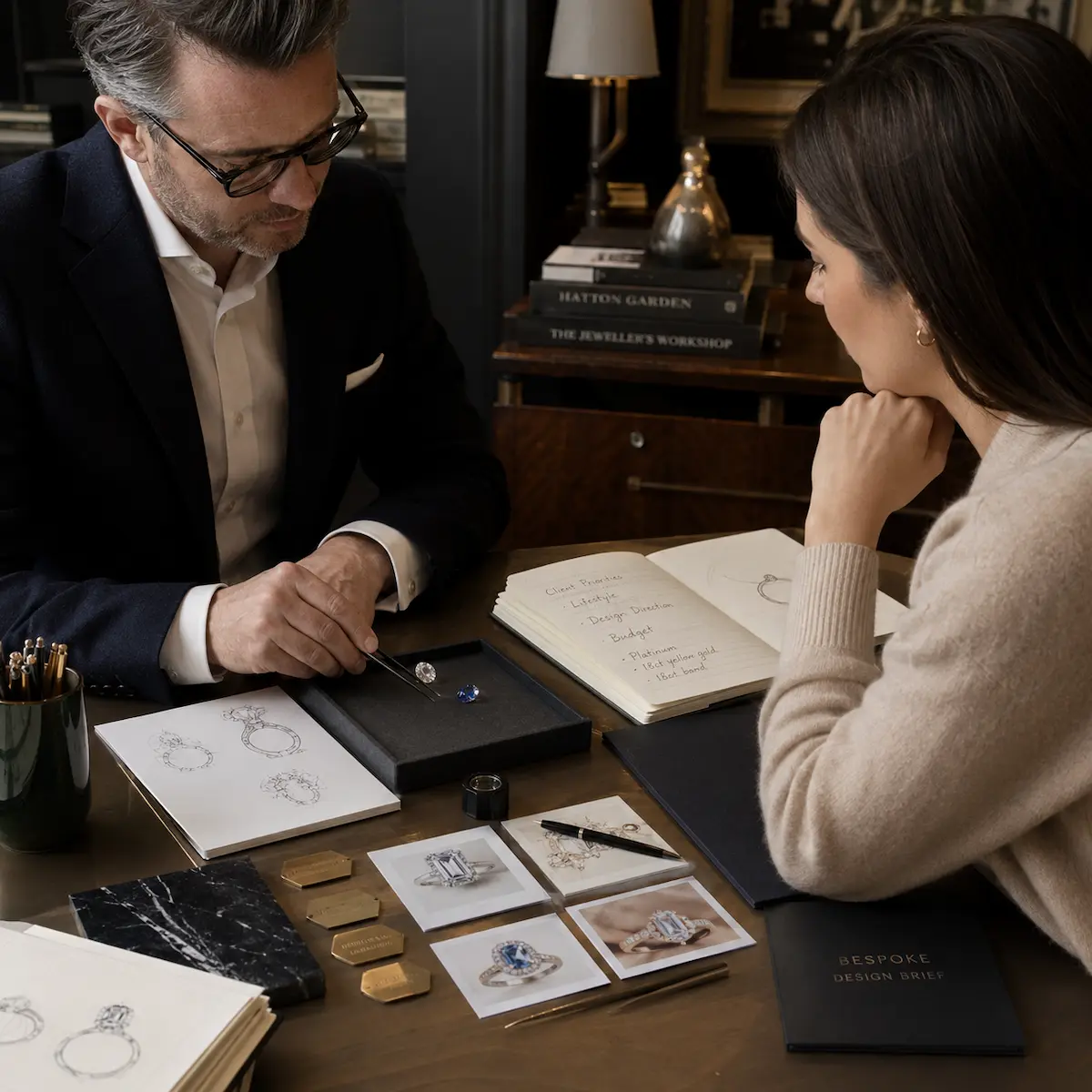 Eight key questions displayed beside a bespoke engagement ring UK commission checklist, helping buyers verify atelier standards before paying a deposit