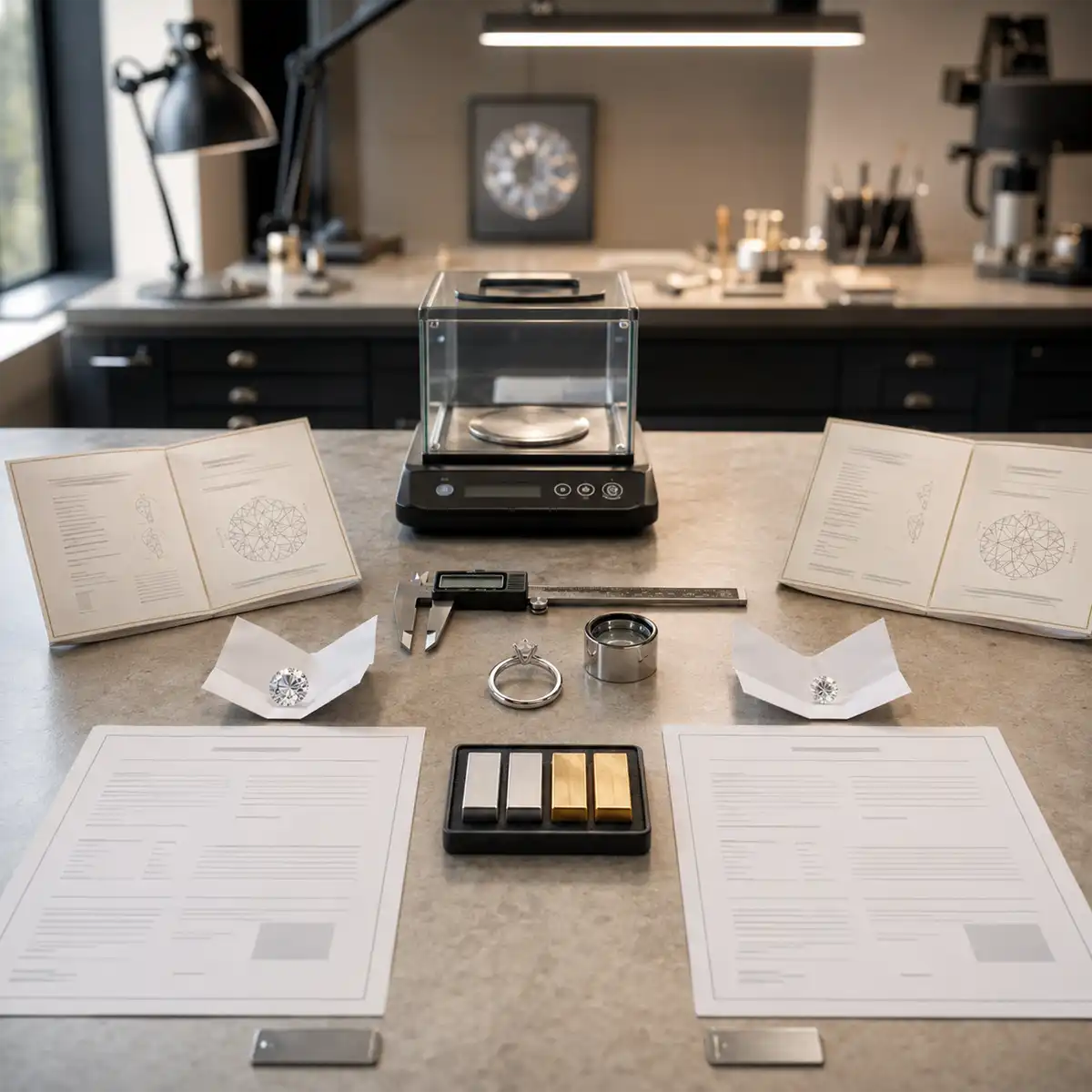 Itemised engagement ring quote document on a jeweller's desk, showing stone specification and hallmarking line — key to comparing engagement ring quotes
