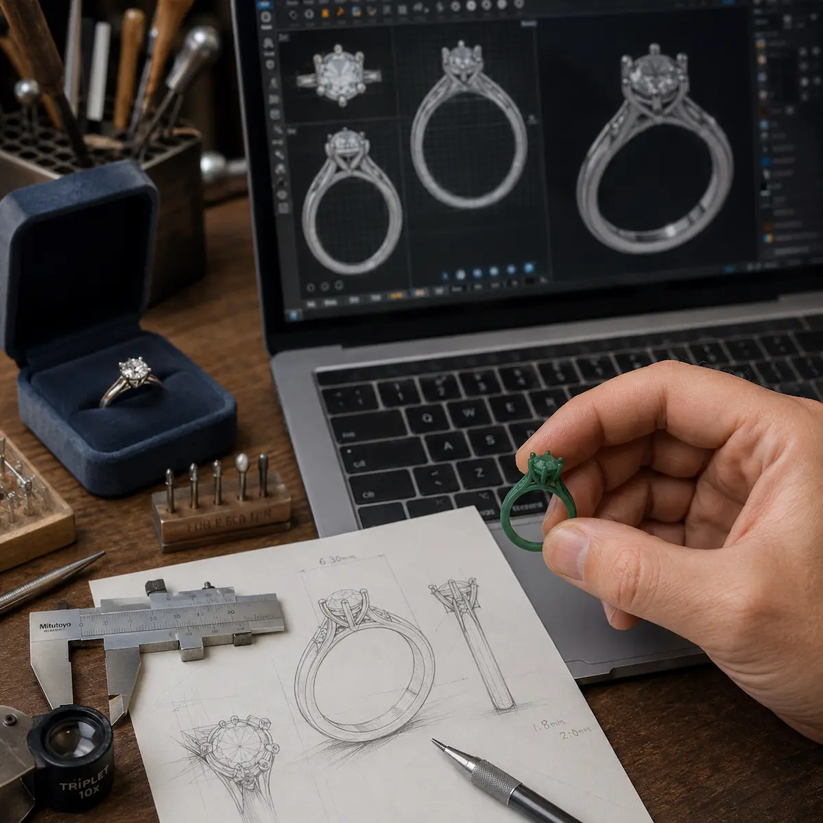 Ancient lost-wax casting technique demonstrated in a modern bespoke engagement ring UK workshop, showing wax model investment before casting