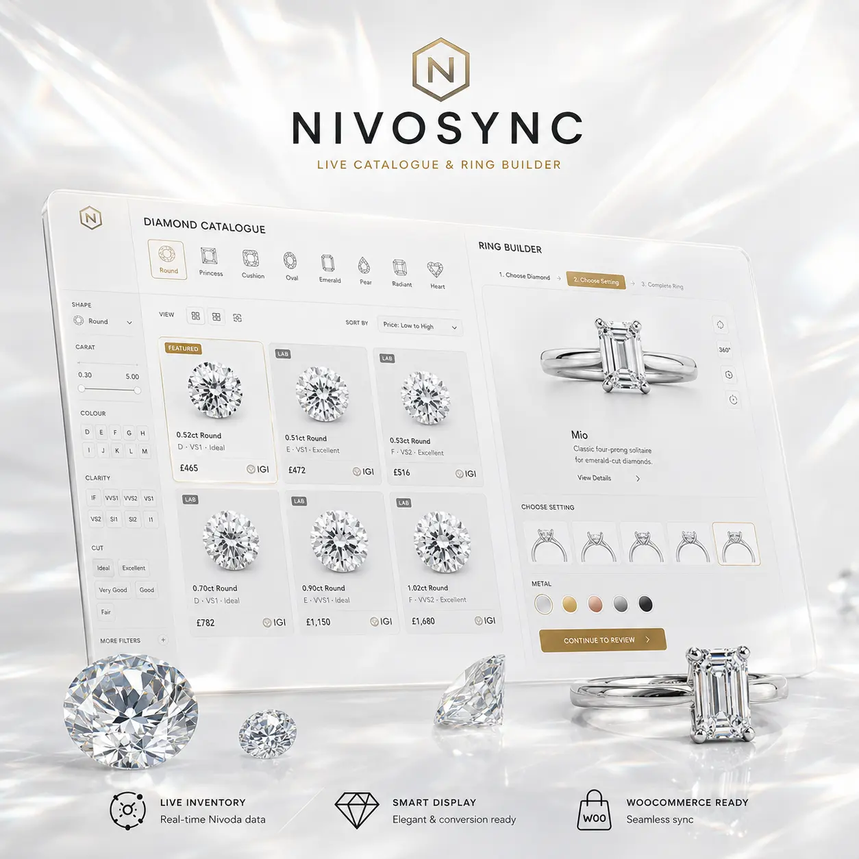 Diamond catalogue and ring builder dashboard with shape, carat and clarity filters