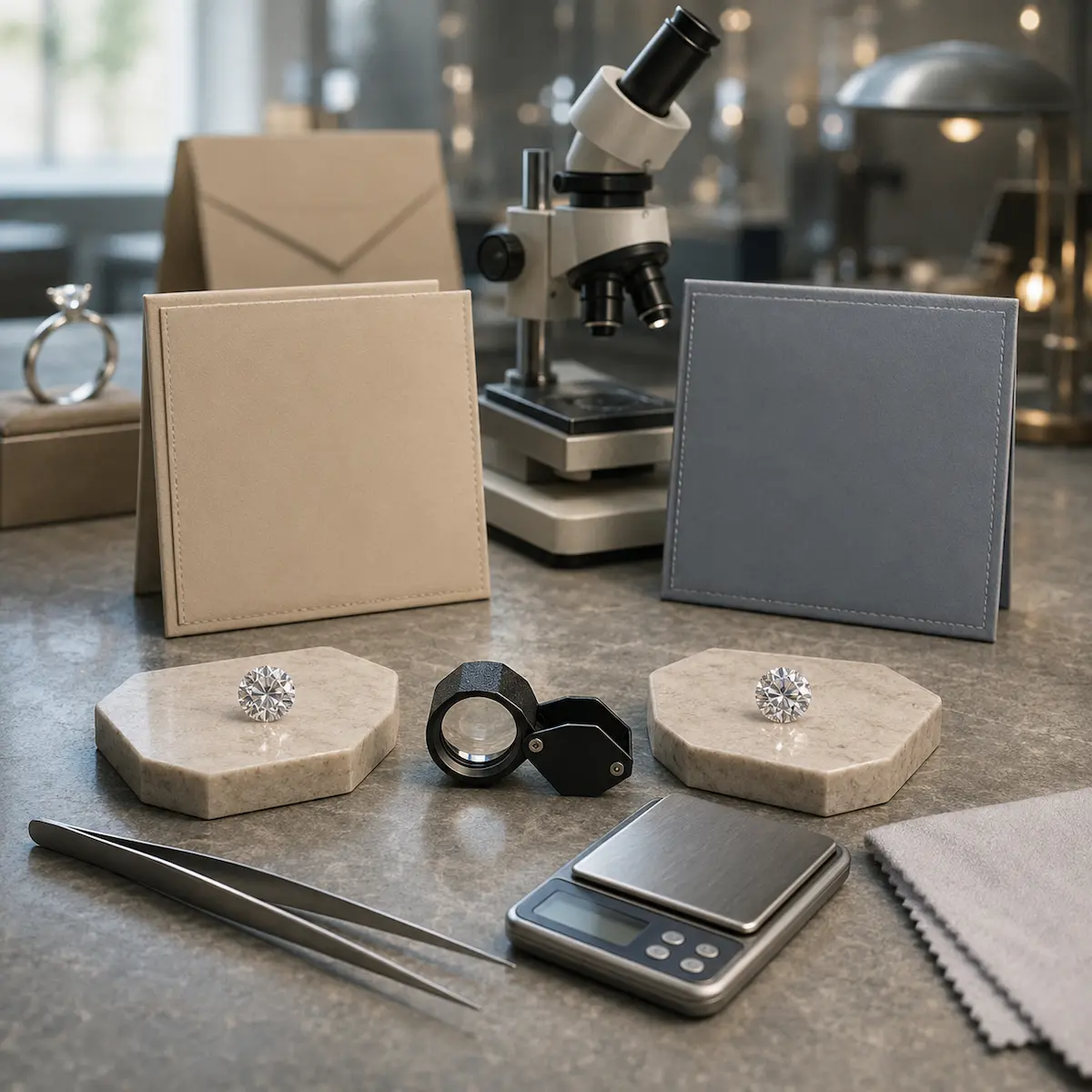 GIA and IGI diamond grading certificates placed beside a round brilliant diamond, illustrating certification differences in lab-grown vs natural diamonds UK