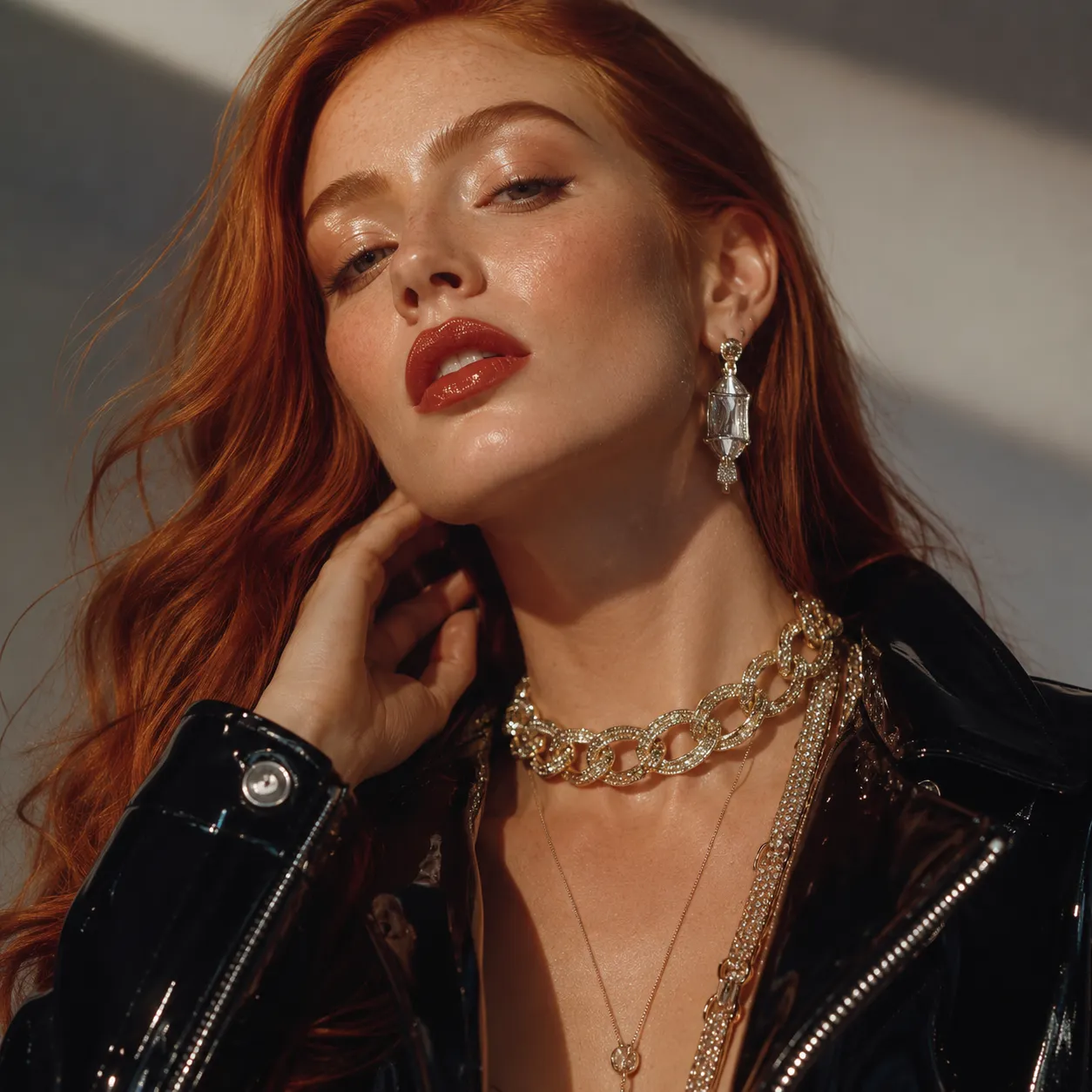 A model wearing a diamond-set gold cuban link choker and a baguette-cut drop earring