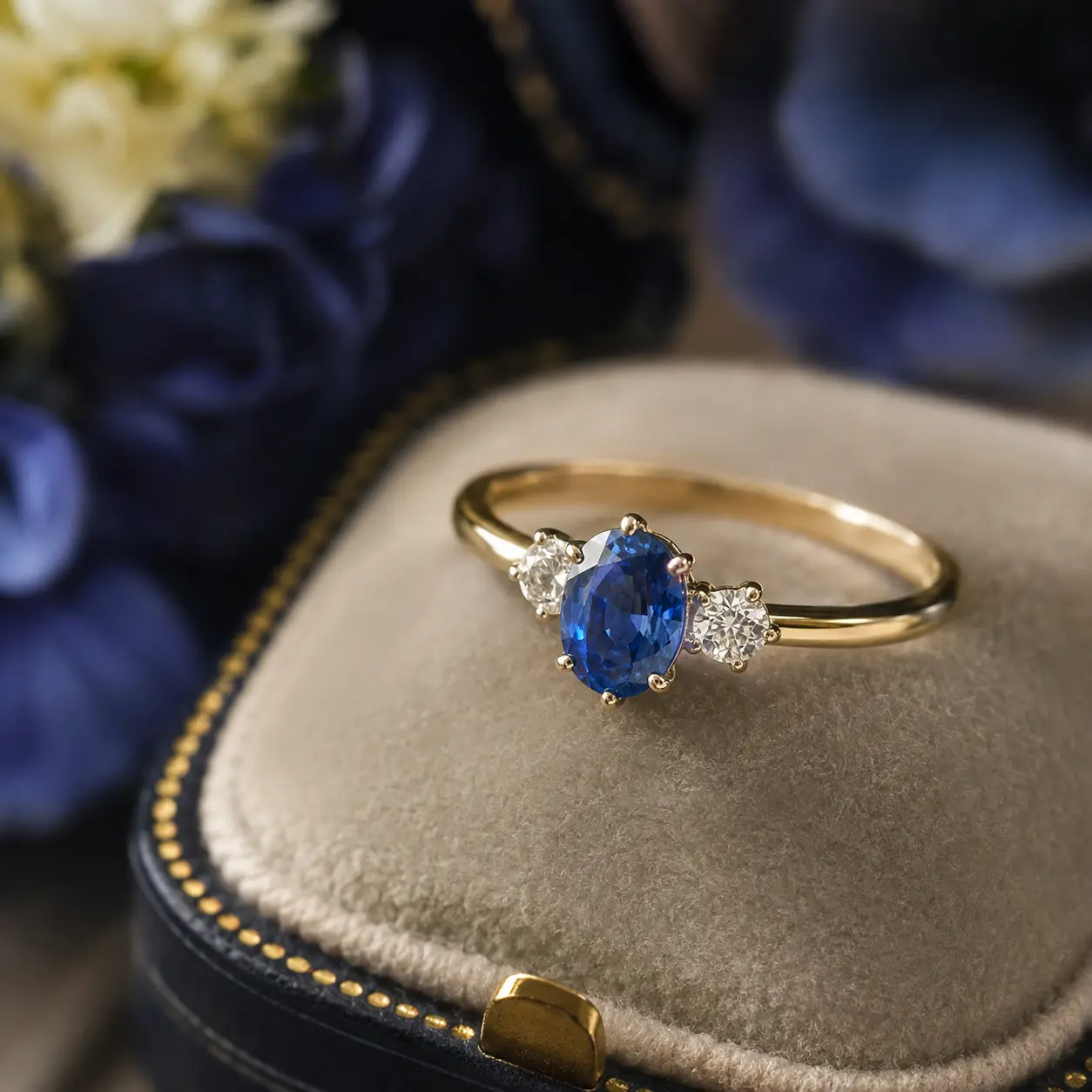 A yellow gold three-stone ring with an oval blue sapphire centre flanked by two round brilliant diamonds