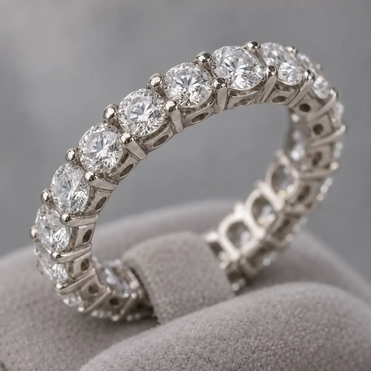 Eternity Ring Resizing Comparison A close-up comparison of a three-quarter eternity and a full eternity ring illustrating ring resizing limitations in Hatton Garden