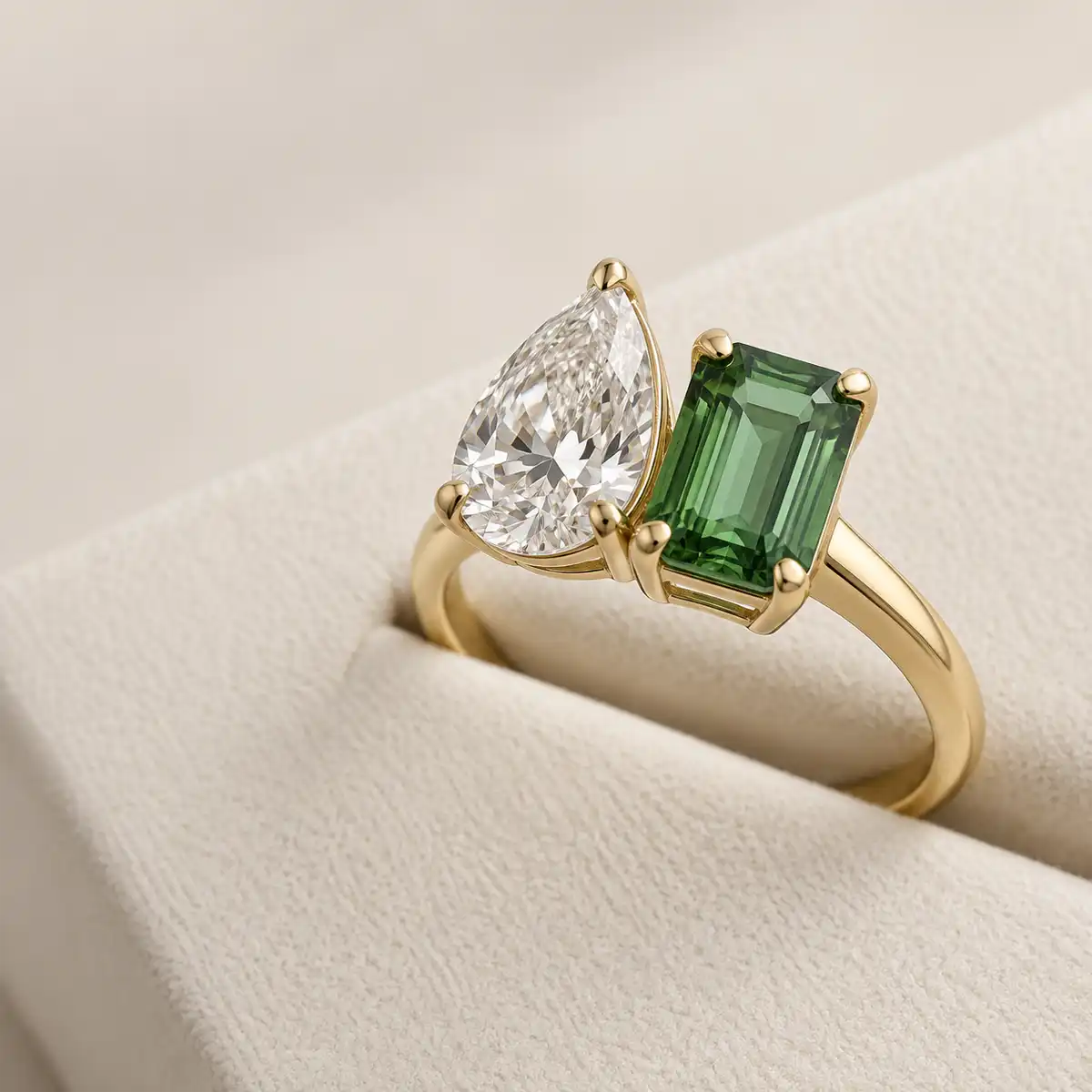 Bezel-set engagement ring in yellow gold showing east-west setting style, a key bespoke engagement rings UK trend for 2026