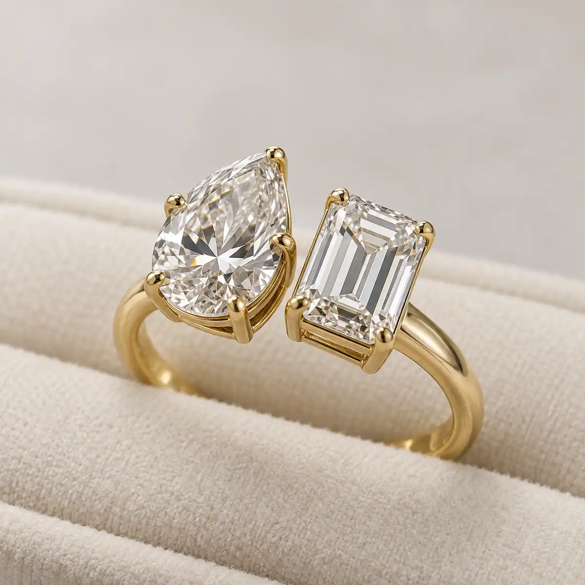 Three-stone engagement ring with oval centre diamond and pear-shaped side stones, illustrating celebrity engagement ring trends 2026