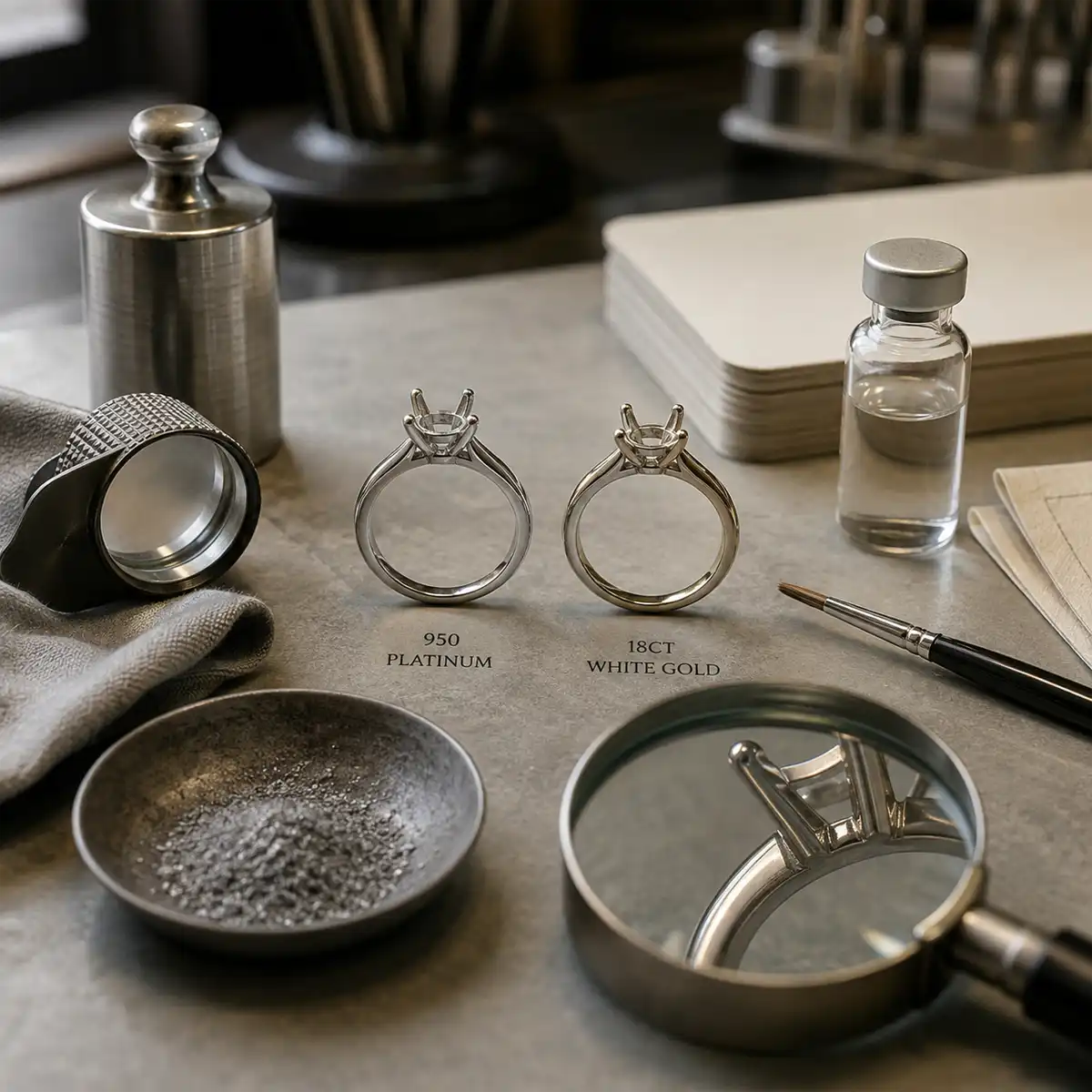 Jeweller using an oxyacetylene torch to work platinum, illustrating the high melting point central to platinum vs white gold engagement rings UK comparisons