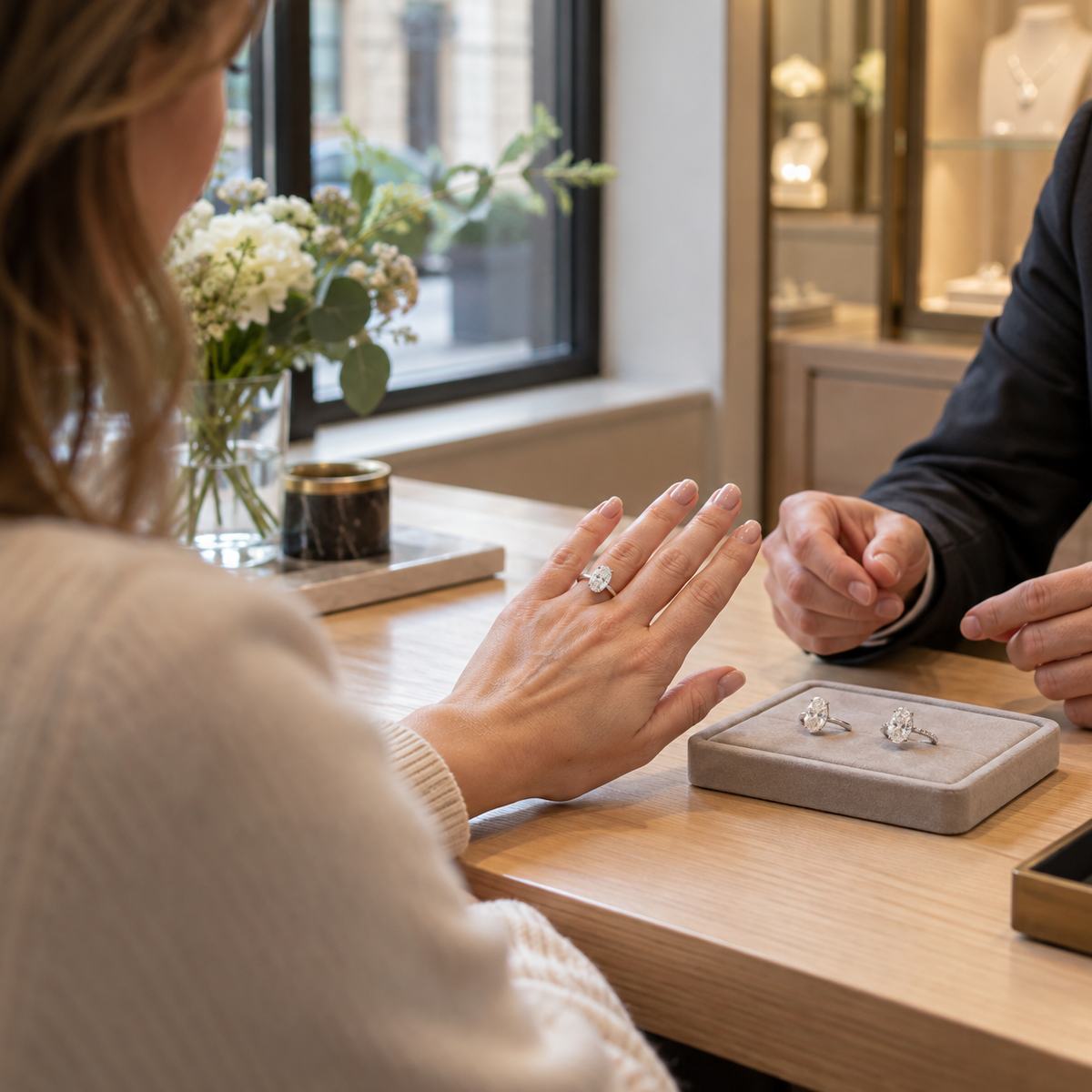 Oval engagement ring displayed against a neutral background, showing stone proportions and setting style relevant to UK price point comparisons