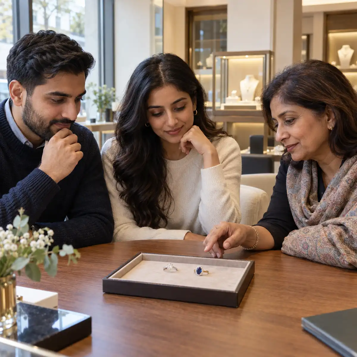 South Asian engagement ring in warm 22ct yellow gold displayed alongside a mangalsutra, illustrating coordinated bridal jewellery commissioning for UK South Asian weddings