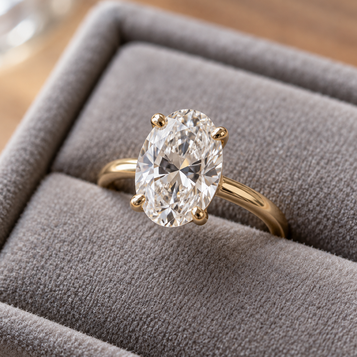 Oval engagement ring with halo of pavé-set diamonds, illustrating how a full halo increases the perceived size of an oval diamond